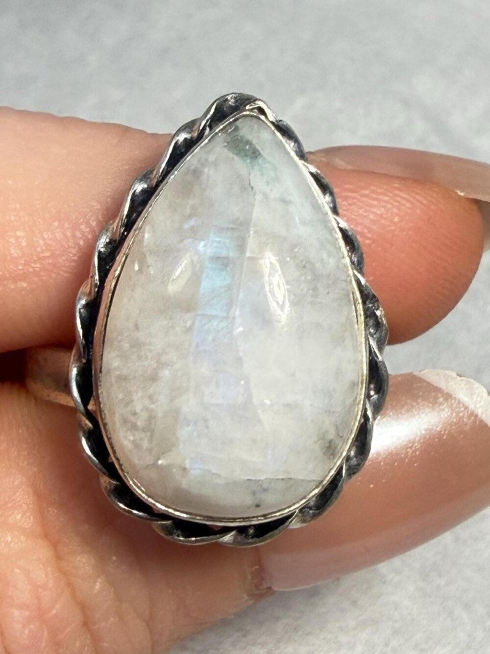 Moonstone Adjustable Ring Blue Flash OOAK Natural Gemstone